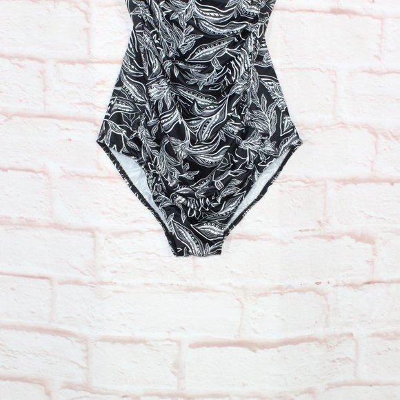 LL Bean Black Botanical Squareneck Tanksuit One-Piece Swimwear Size 12 - Picture 3 of 10